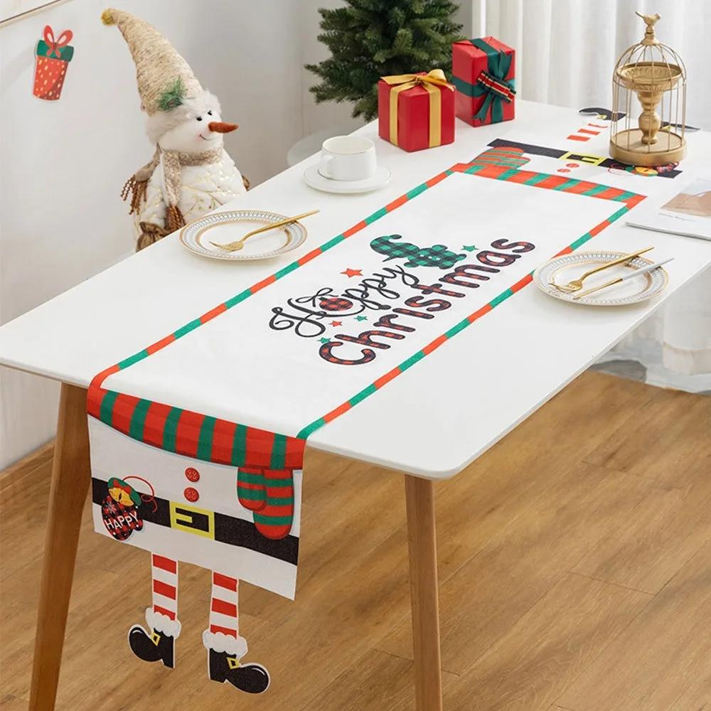 Cartoon Fabric Christmas Tablecloth Xmas Ornament Navidad Table Runner Reusable Merry Christmas Table Flag Christmas