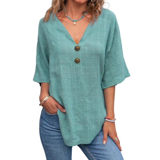 Top Estivi da Donna Scollo a V Manica a Tre Quarti Casual T-Shirt Tinta Unita Decorazione Bottoni Vestibilità Ampia Lunghezza Media Blusa