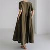 2026 Summer Large Loose Cotton and Hemp Casual Dress Elegant New Round Neck Short Sleeve A-line Dress Female Fashion Solid Color Simple Clothing