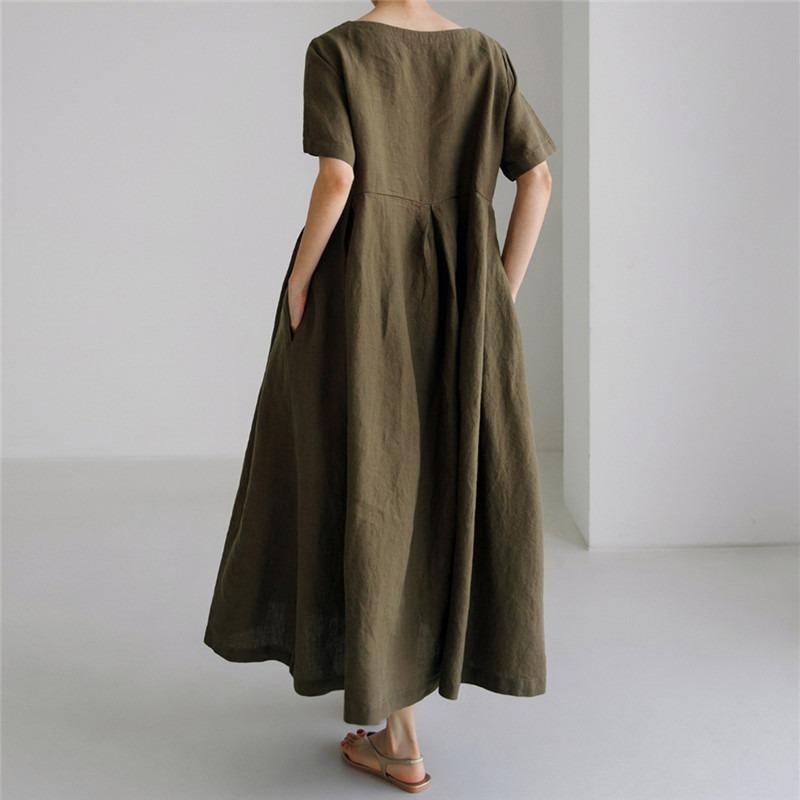 2026 Summer Large Loose Cotton and Hemp Casual Dress Elegant New Round Neck Short Sleeve A-line Dress Female Fashion Solid Color Simple Clothing