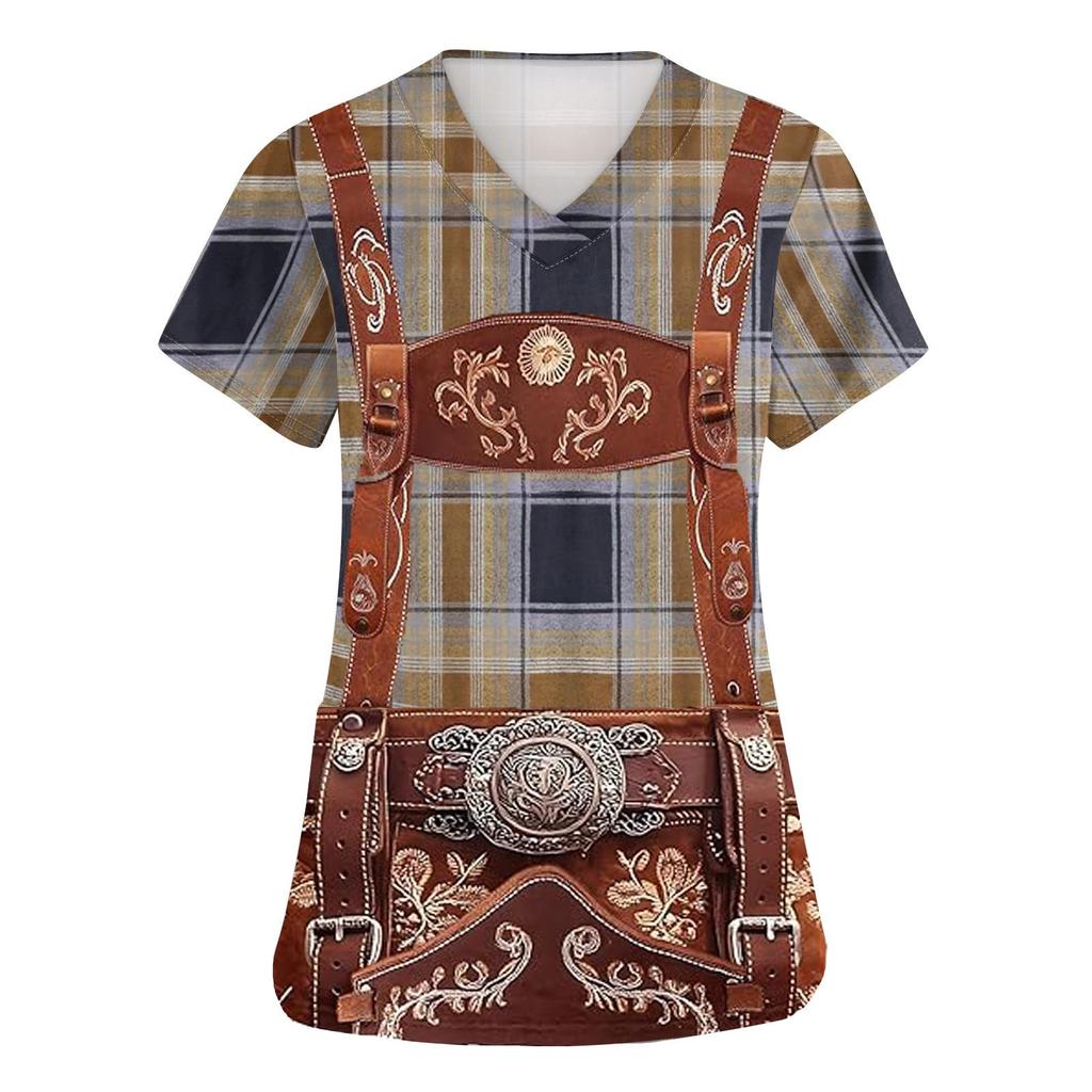 Women's V Neck Short Sleeve Work Shirt with Pockets Oktoberfest Print Top for Healthcare and Service Uniforms Lightweight Comfortable Fit