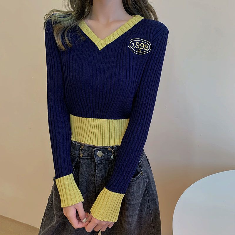Women's V-neck Sweater Spring Autumn Long-sleeved Knitted Cropped Top Sweater Color-block Pullover Jumper