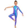 Girls Stage Performance Jumpsuit: Asymmetrical Metallic Mock Neck Mesh Patchwork Back Invisible Zipper Bodysuit Dancewear