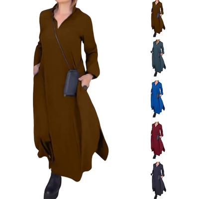 Dames Maxi Jurk Lange Mouw Effen Kleur V-Hals Overhemdjurken Zijsplit Revers Losse Lange Jurk