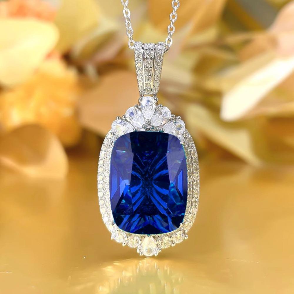 Exaggerated Royal Blue Gemstone Necklace Women Elegant Red Ruby Pendant Statement Jewelry