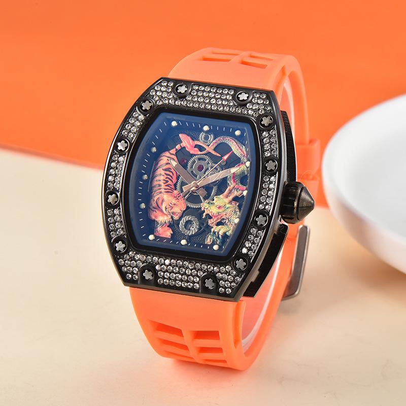 Men's Trendy Barrel-Shaped Full Diamond Quartz Watch with Calendar