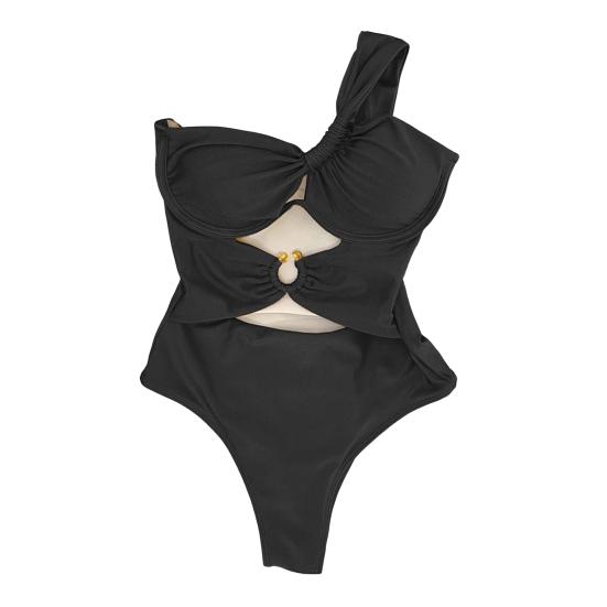 Women One-Piece Swimsuit One Shoulder Padded Steel Support Metal Buckles Monokini Sexy S-Shaped Figure