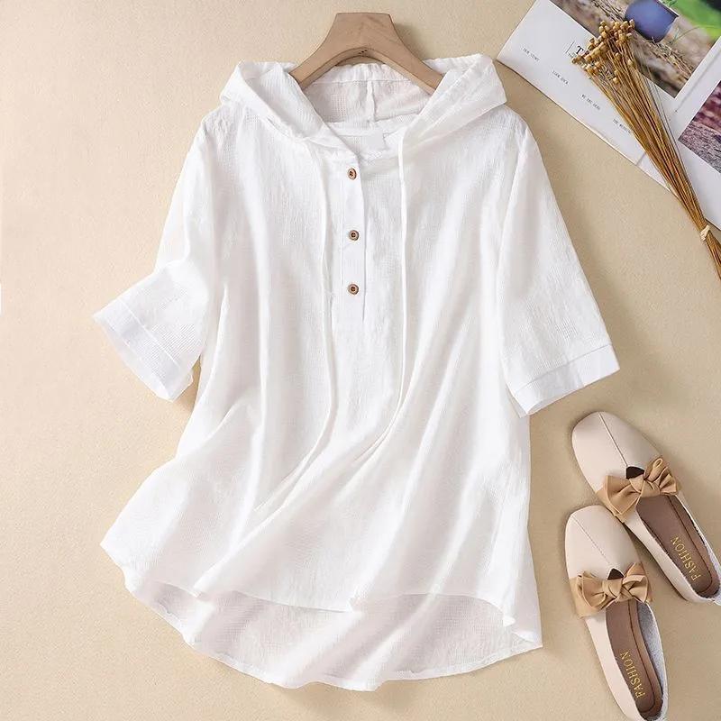 

Женская летняя свободная повседневная рубашка с капюшоном, удобная вышитая рубашка Temperament 3XL белый