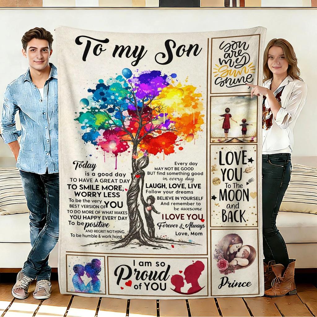 Colorful Tree and Mother Son Love Flannel Blanket Soft Cozy Throws Travel Use