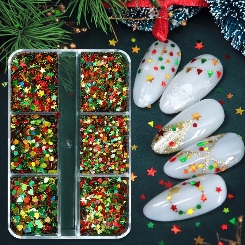 

6 ячеек Рождественский глиттер для ногтей Пайетки для ногтей Звезда Осень Зима Сделай сам Украшения для ногтей Пайетки Сделай сам Шарм Маникюрные принадлежности Флэш one size
