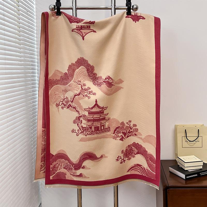 National Style Ancient Building Antique Retro Autumn And Winter Women'S Imitation Cashmere Short Beard Fringed Warm Scarf Shawl Scarf