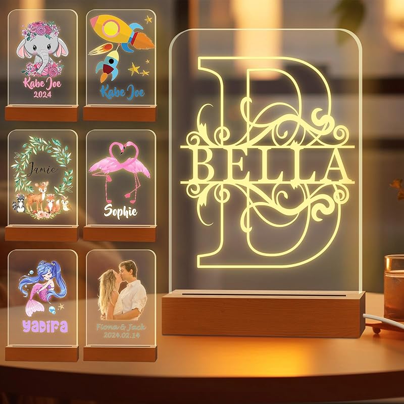 Personalized Night Light for Kids Custom Engraved Name Acrylic LED Lights with Wood Base for Nursery Bedroom Decor Night Lamp, Customized Birthday