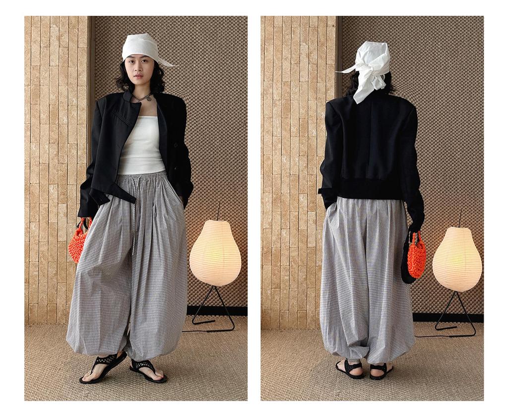 Xu Man Spring/Summer Paris Fashion Plaid Balloon Button Cuff Long Pants for Women