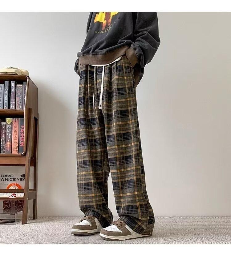 Retro Plaid Casual Pants Men's Spring and Autumn New Drape Wide-leg Cityboy Trendy Sports Straight Pants