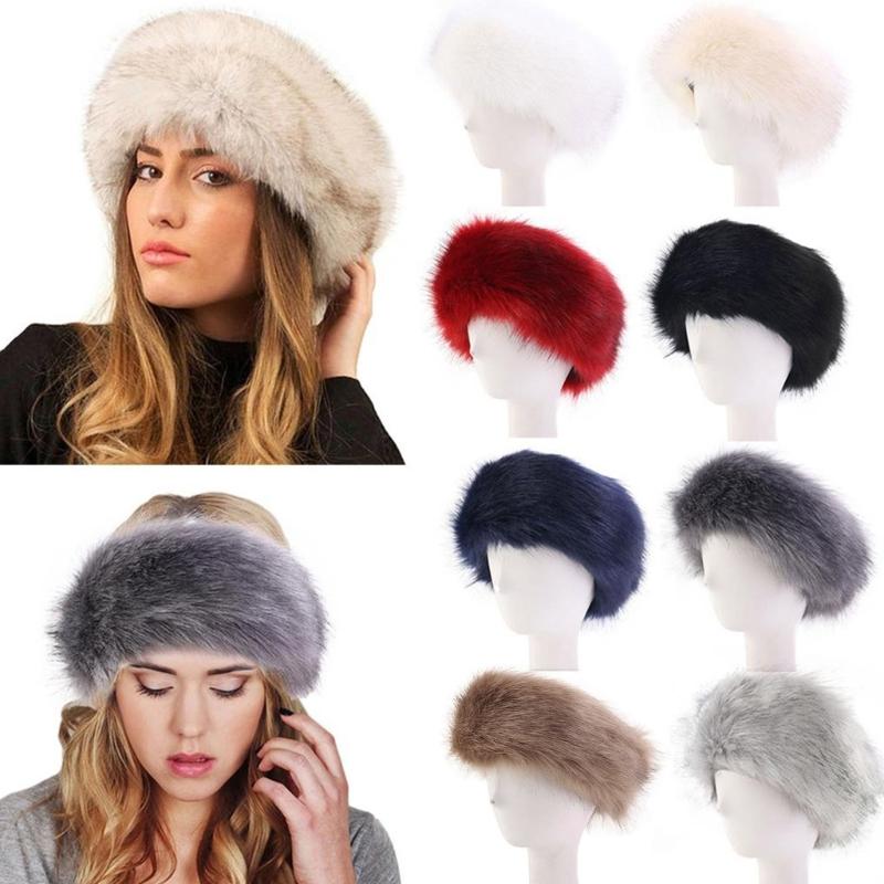 Fashion Fluffy Winter Warm Cap Wide Headband Elastic Outdoor Ski Hats Furry Ear Warmer Soft Warm Earmuff for Women