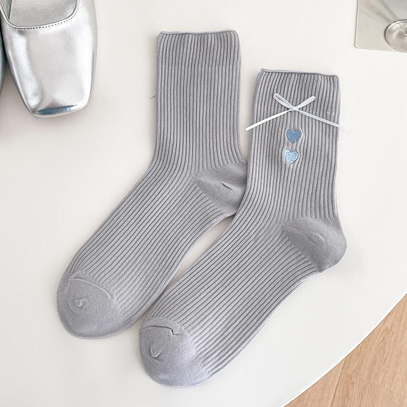 Bow Socks, Women's Mid-calf Socks, Spring and Summer Pile Socks, Embroidered Heart-shaped Trendy Cotton Socks, Long Pile Socks