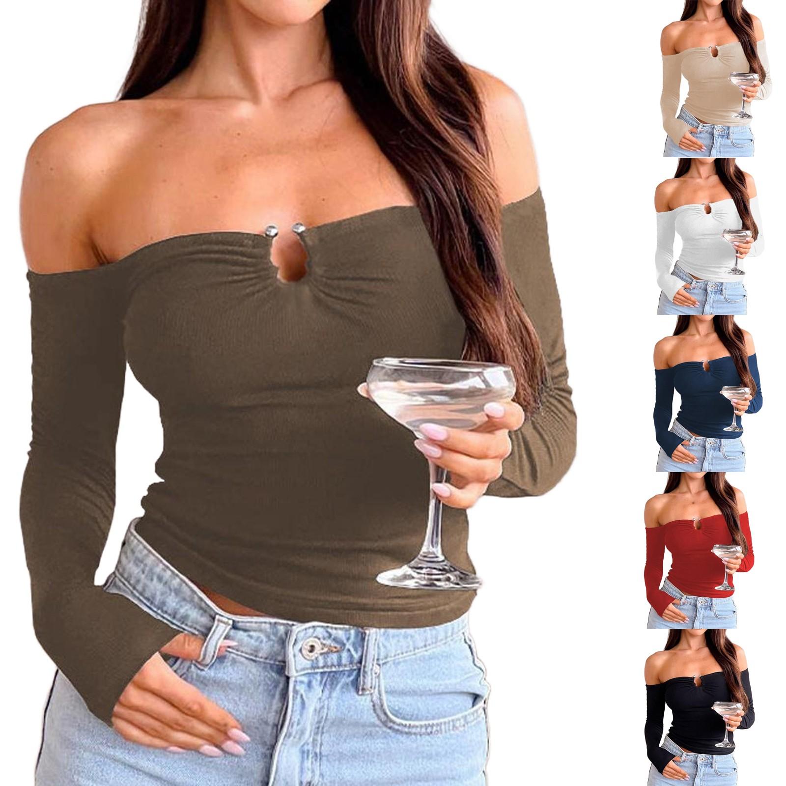 

Women s Casual Fashion One-shoulder Metal Buttoned Pleated Slim Long-sleeved T-shirt Top S Темно-синій