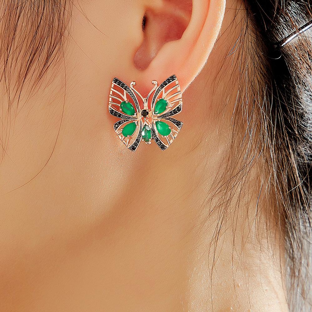 Awesome Butterfly Design Silver Clasp Earring & Ring Set Made Natural Green Agate Gems Luxury Jewelry for Women Anniversary Gift