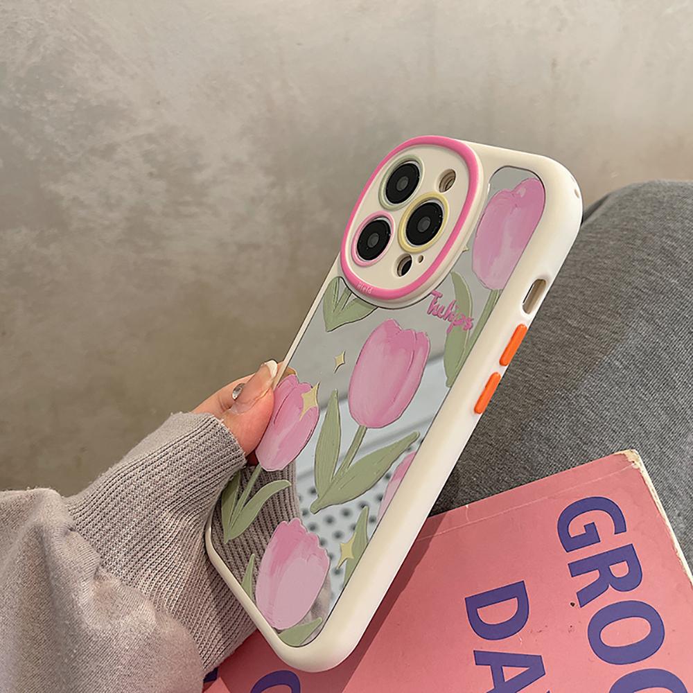 Fashion Pink Tulips Makeup Mirror Letters Lovely Flowers Phone Case For Iphone 14 11 12 13 Pro Max Shockproof Soft Back Cover