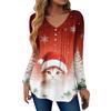 Women's Fashion Casual Christmas Tree Print V-Neck Decorative Button Long Sleeve T-Shirt Top