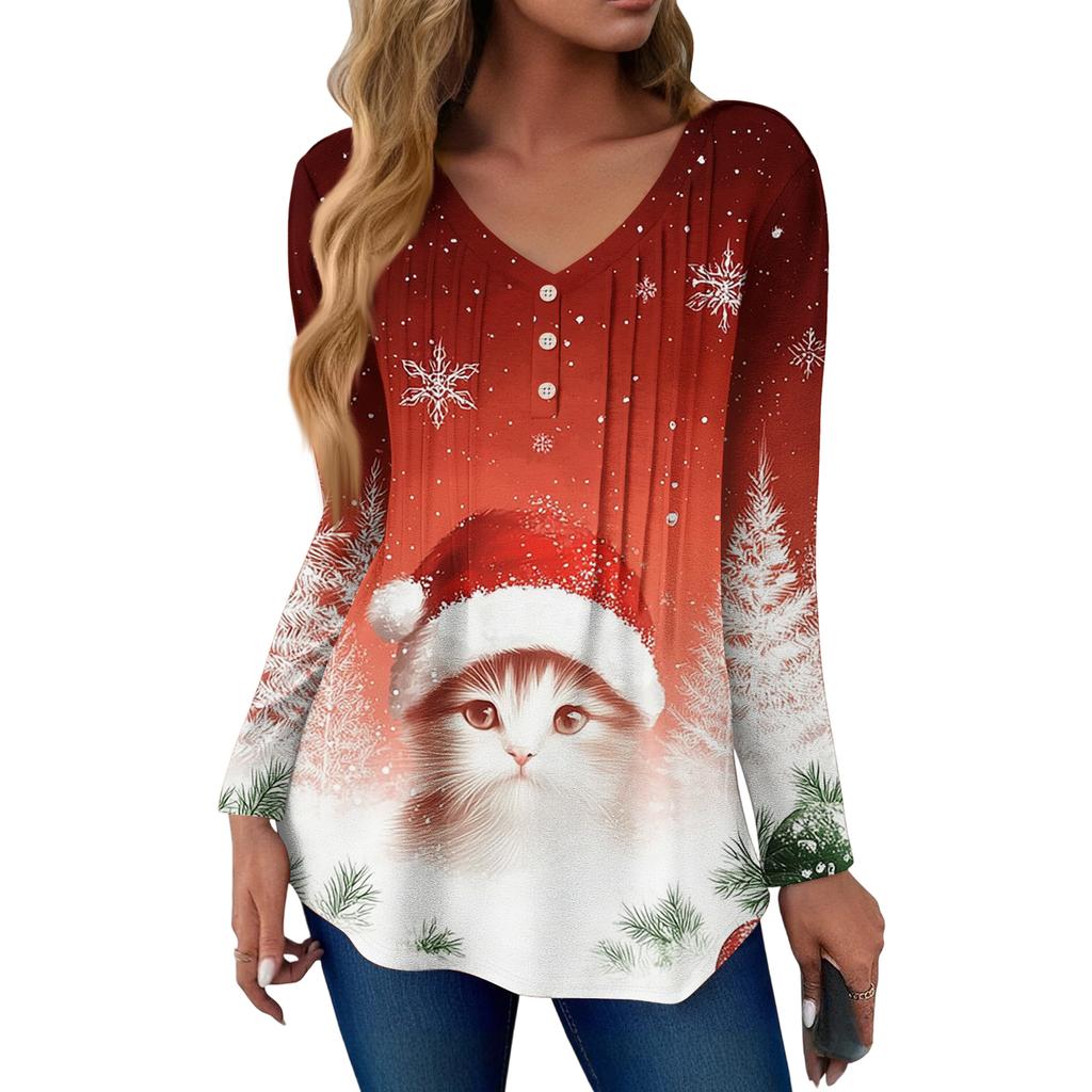 Women's Fashion Casual Christmas Tree Print V-Neck Decorative Button Long Sleeve T-Shirt Top