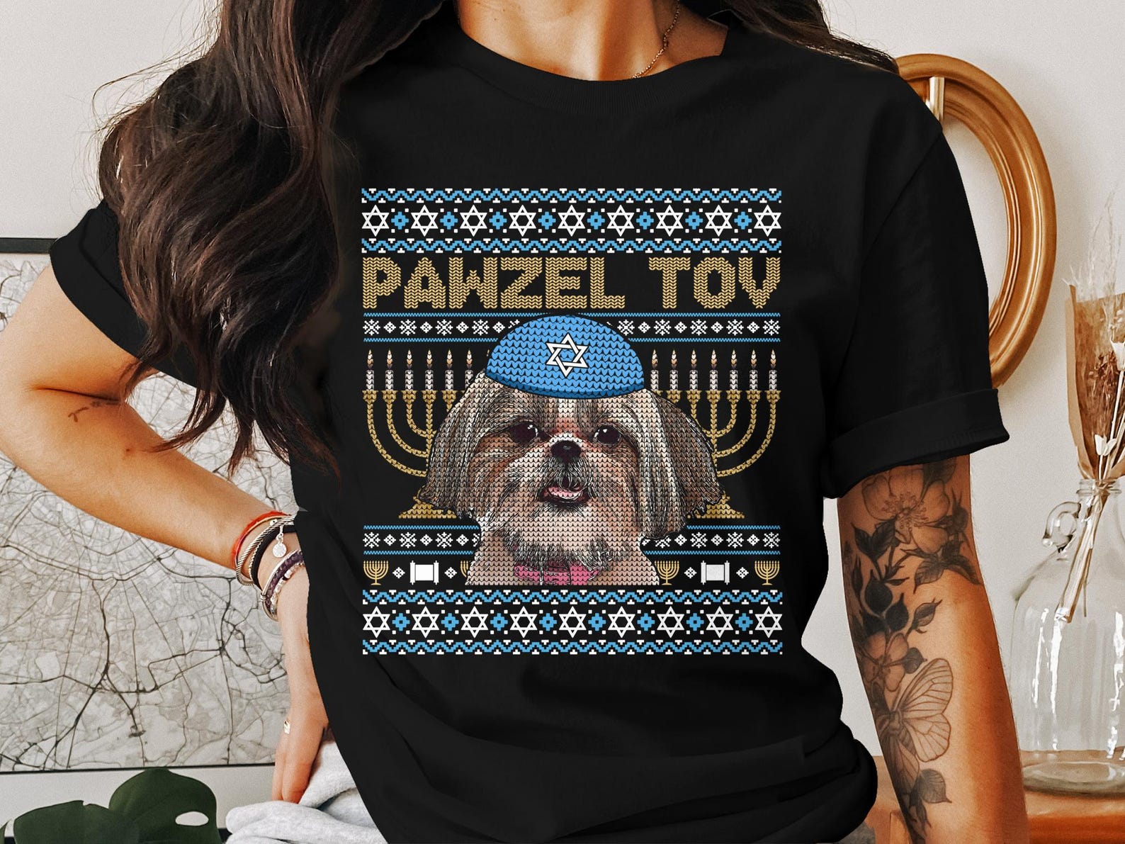 Pawzel Tov Hanukkah T-Shirt, Shih Tzu Dog Menorah Design, Hanukkah Dog Lover Gift, Cute Hanukkah Shirt, Jewish Dog Apparel S