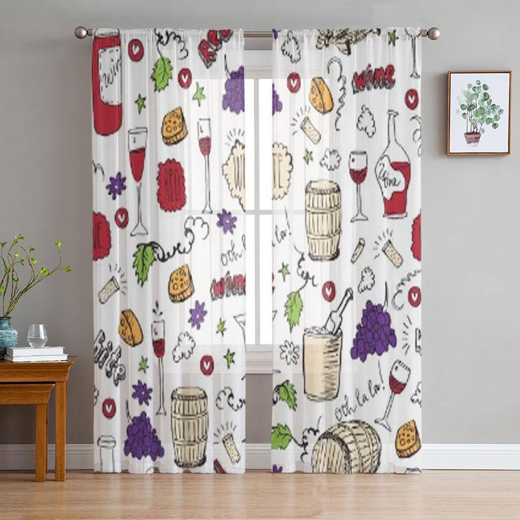 Wine Sketch Vintage Sheer Curtains for Living Room Transparent Tulle Window Treatments Bedroom Kitchen Home Decor Veil Drapes