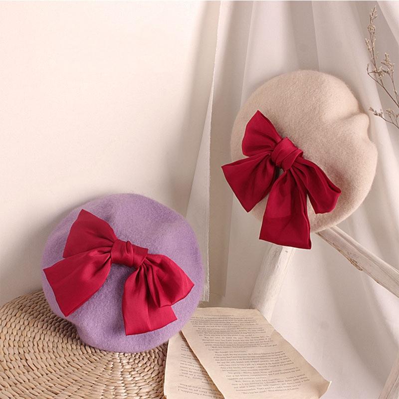 Fashion Red Bowknot Beret Elegant Octagonal Hat Wild Painter Hat Daughter Gifts for Casual Birthday Festival Gathering