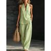 Women Linen V Neck Sleeveless Top and Wide Leg Pants Set Casual Loose Fit Striped Two Piece Outfit for Daily Wear