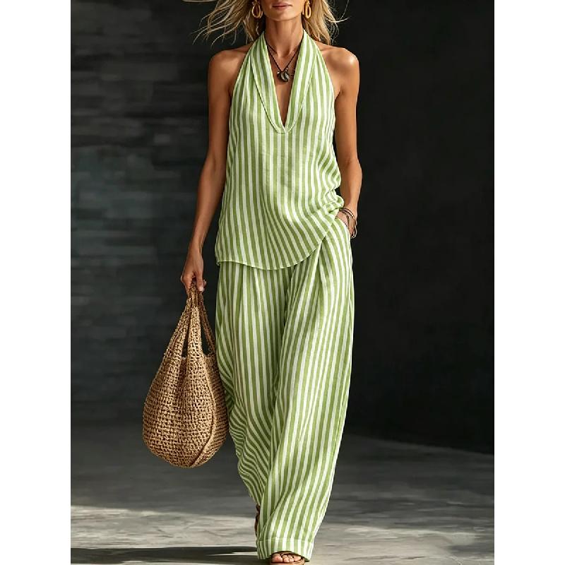 Women Linen V Neck Sleeveless Top and Wide Leg Pants Set Casual Loose Fit Striped Two Piece Outfit for Daily Wear