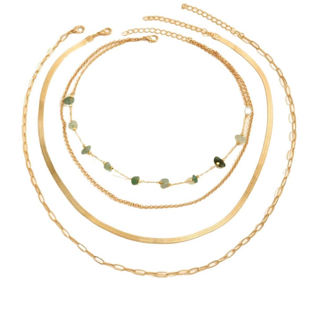 European & American Style Green Gravel Jewelry Set: Four-Piece Women's Layered Necklace and Ring Set