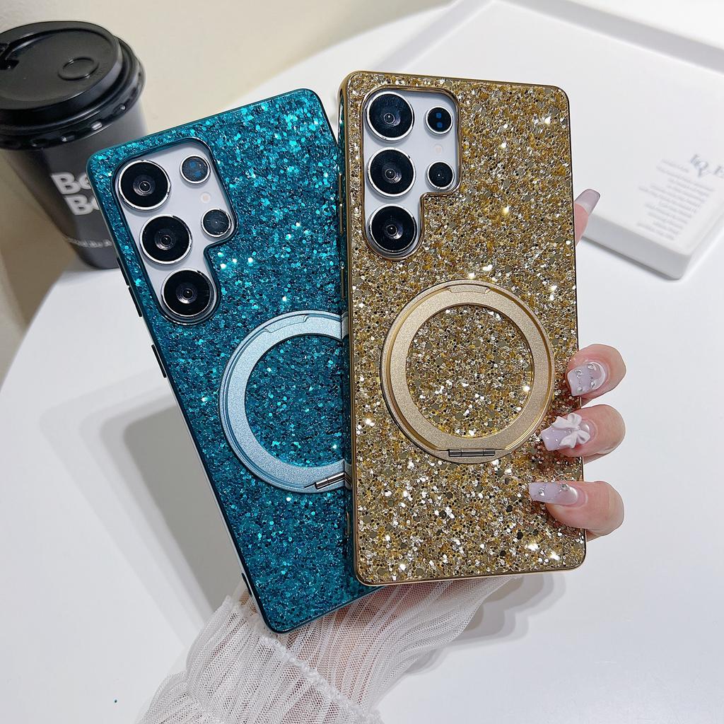 Für Samsung Galaxy S25 Ultra Magnetische Hülle mit Ständer Glitzer Galvanisiertes TPU+PC Handyhülle