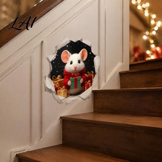 Removable Holiday Room Accents 3D Hole Illusion Christmas Mouse Wall Sticker Peel And Stick Waterproof PVC Home Window Decorations Decal for