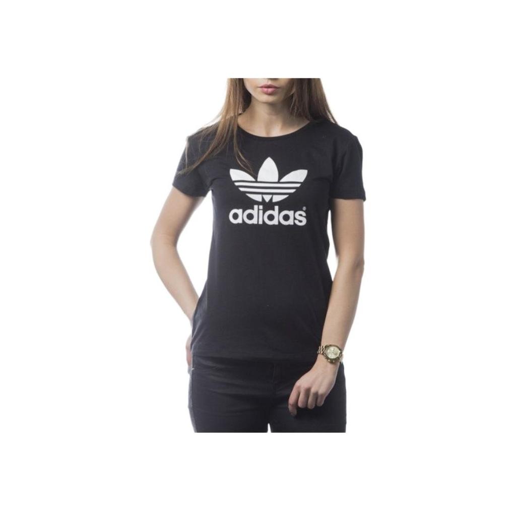 Adidas Originals Contrast Color Brand Logo Print American Vintage Shoulder Sleeve T-Shirt Women Tops Black AJ8084