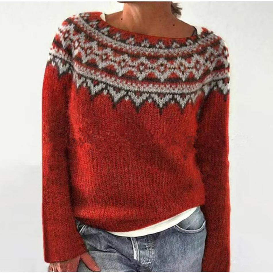 Women's Round Neck Colour Blocked Loose Fashion Pullover Knitted Top Luxurious Relaxed-fit Slimming and Versatile Top