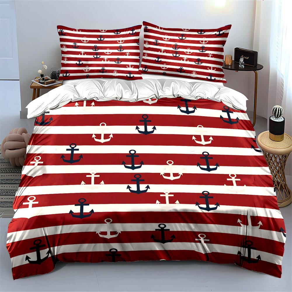 Nautical Anchor Striped Decor Set Bedding Set with 1 Duvet Cover 2 Pillowcases Single Double King Queen Gift