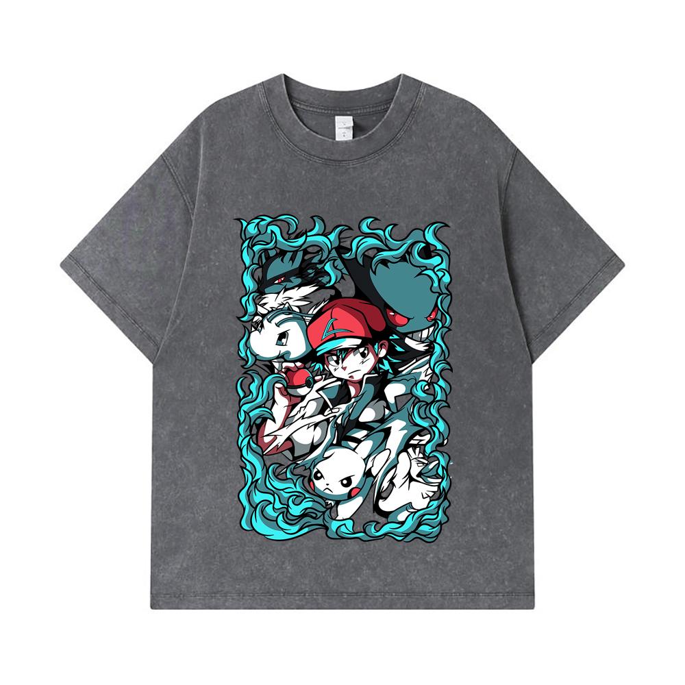 275 GSM Washed T-shirts 100% Cotton Pokemon V26 Print Unisex Heavy Cotton T Shirt