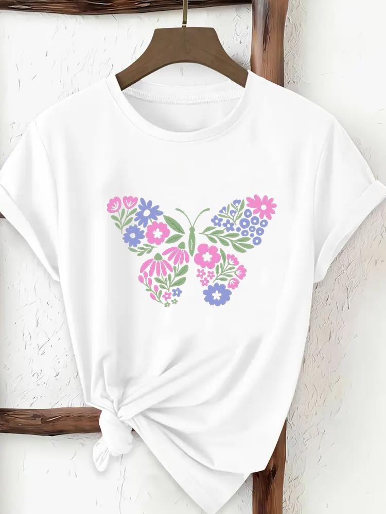 (Asian Size) Butterfly Flower Trend Woman Top Fashion Women Clothing T Shirt Female Short Sleeve Graphic T-shirts Print Tee
