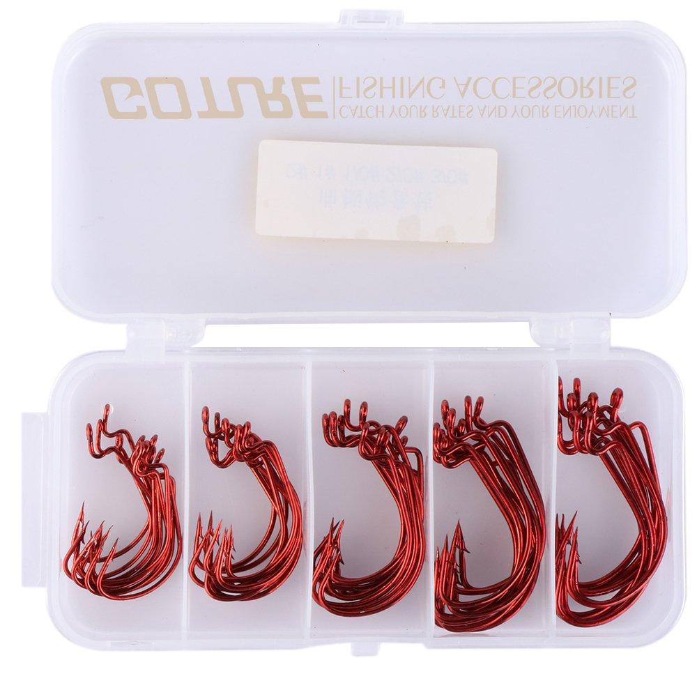 Goture Fishing Hook Jig Head Hooks for and Stream with Storage Case Set Red each of and Worm Set, Salt, Freshwater, Fishing, (50-Piece - - (10 #2, #1,