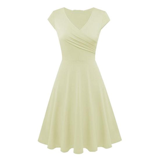 Fashion Women Solid Color V Neck Short Sleeve Plated Swing Party Banquet Dress