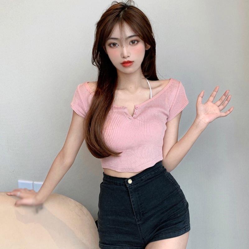 

Женская однотонная футболка с круглым вырезом и тонким открытым пупком, трикотажные футболки с короткими рукавами, топы One Size