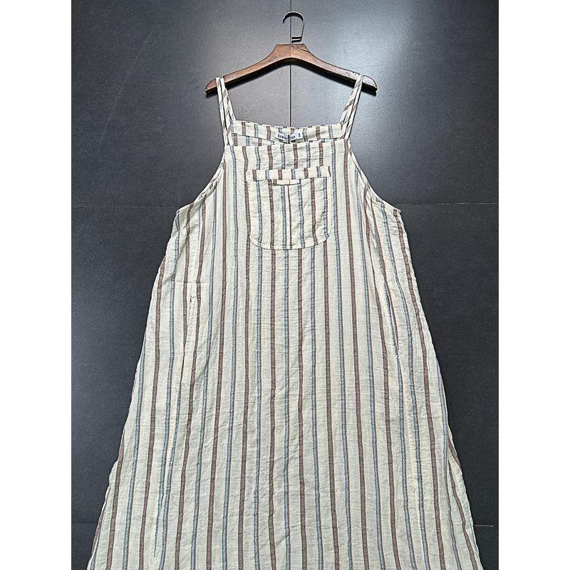 

Yanzi Export Hemp Cotton Series Minimalist Preppy Style Double-Strap Loose Plaid Linen Art Vest Skirt Dress Apricot wide BT2566 M/L