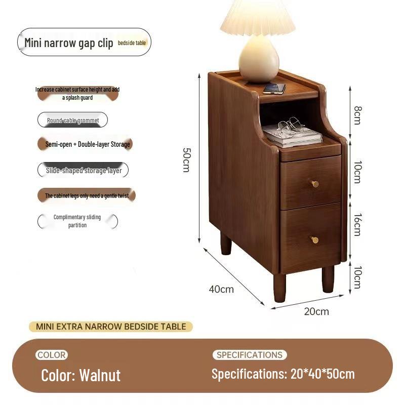 Solid Wood Ultra-Narrow Bedside Table with Storage