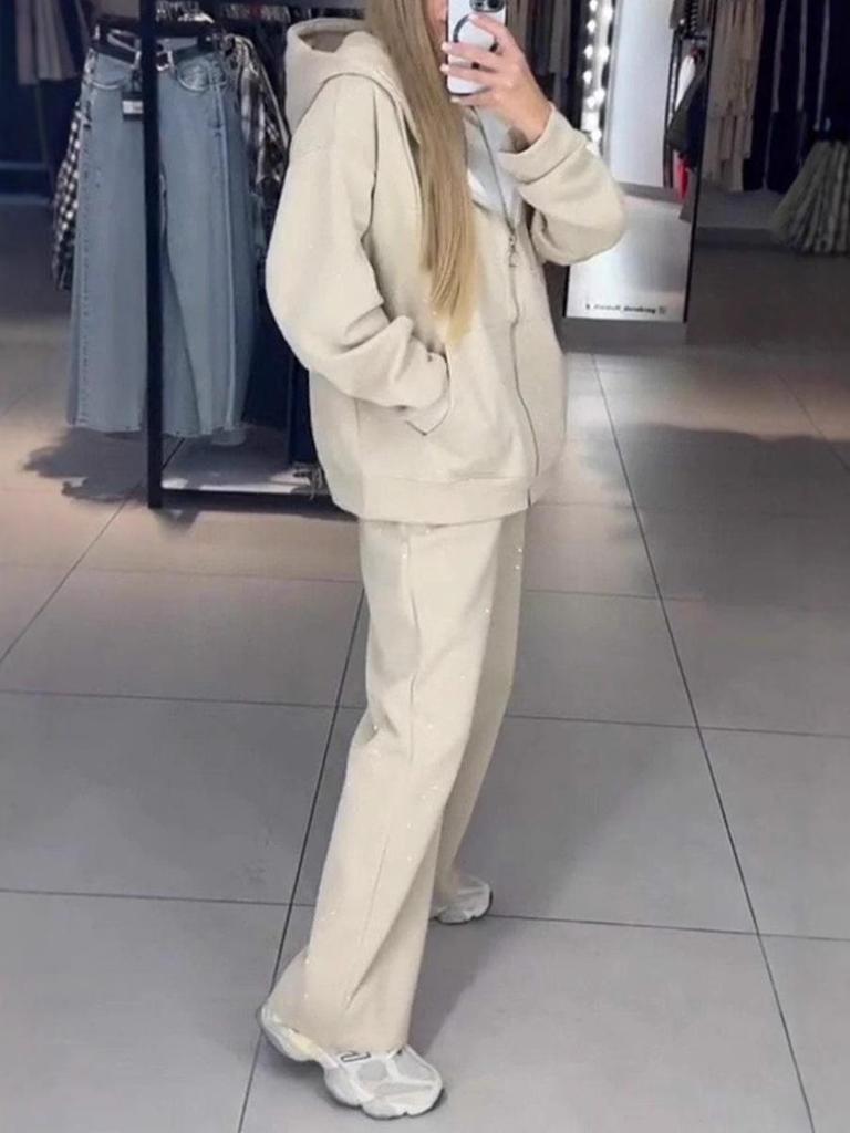 Women's Autumn/Winter Hooded Sweatshirt and Wide-Leg Pants Set with Full Diamond Details