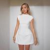 Damen Rundhals Kurzarm Mini Kleid Hohe Taille Schlanke Passform Einfarbig A-Linie Kleid Mit Fake Tasche