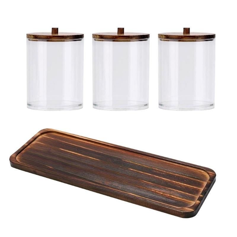 Round Cosmetic Organizers With Natural Wooden Top Transparent Bathroom Storage Container with Wooden Tray
