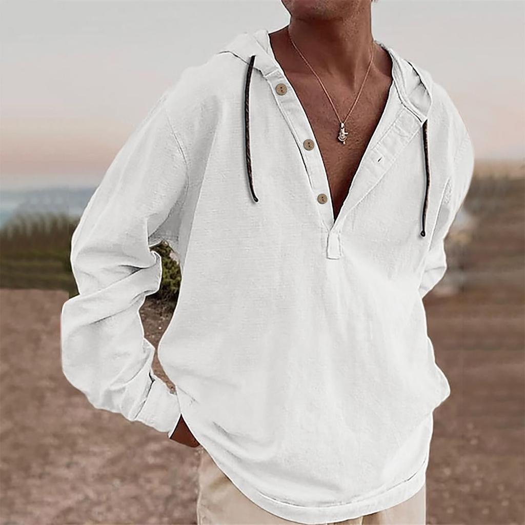 Men's Long Sleeve Tops Fashion V Neck Button Up Hoodie 2025 Casual Fit Hooded Pullover Tops Spring Fall Clothes