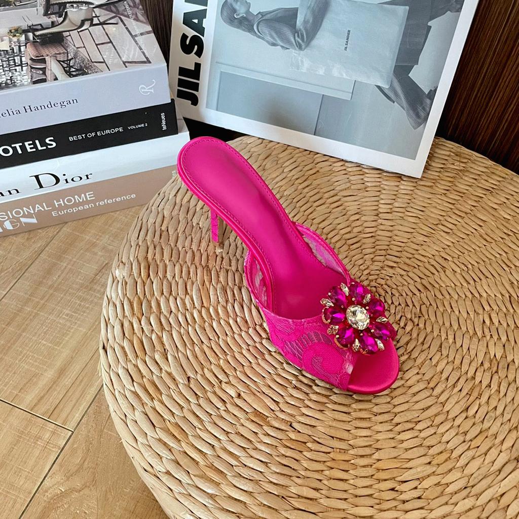 Fashion Women'S Summer Rhinestone Lace Round-Toe High Heels, Mesh Fabric Breathable Rhinestone Thin Heel Sandals