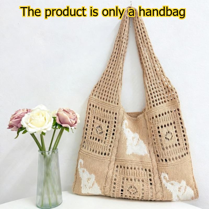 

1 шт. Модная плетеная сумка в богемном стиле, большая вместимость, с узором слона, вязаная сумка-тоут, повседневная сумка через плечо хаки