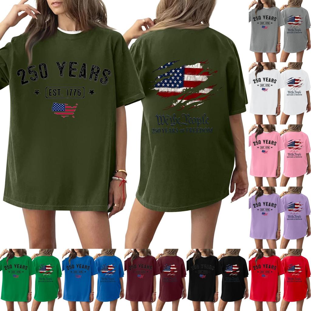Women's Casual Independence Day 250 Anniversary Printed T-shirt Round Neck Pullover Short Sleeve Top